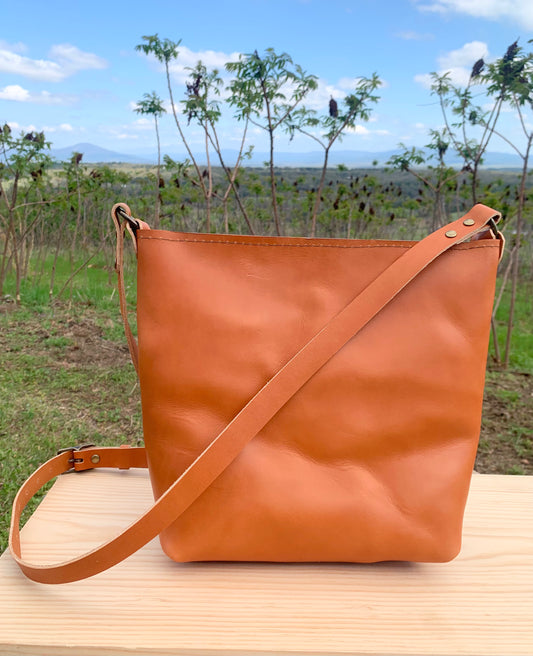 Tan Leather Crossbody Bucket Bag